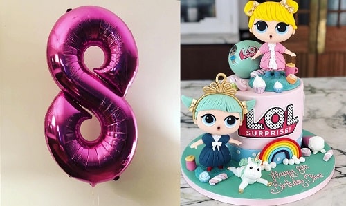 A picture of a balloon representing 8 and birthday cake of Olive Tennant.